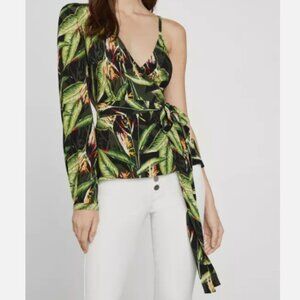 BCBG Birds of Paradise One Sleeve Wrap Top, Size S - Black/Green Women's
